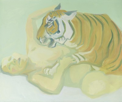 Lassnig_mit_einem_Tiger_schlafen